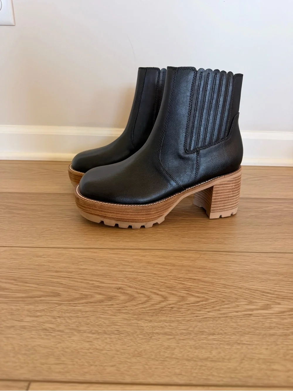 Black Leather Platform Ankle Boot with Stacked Sole